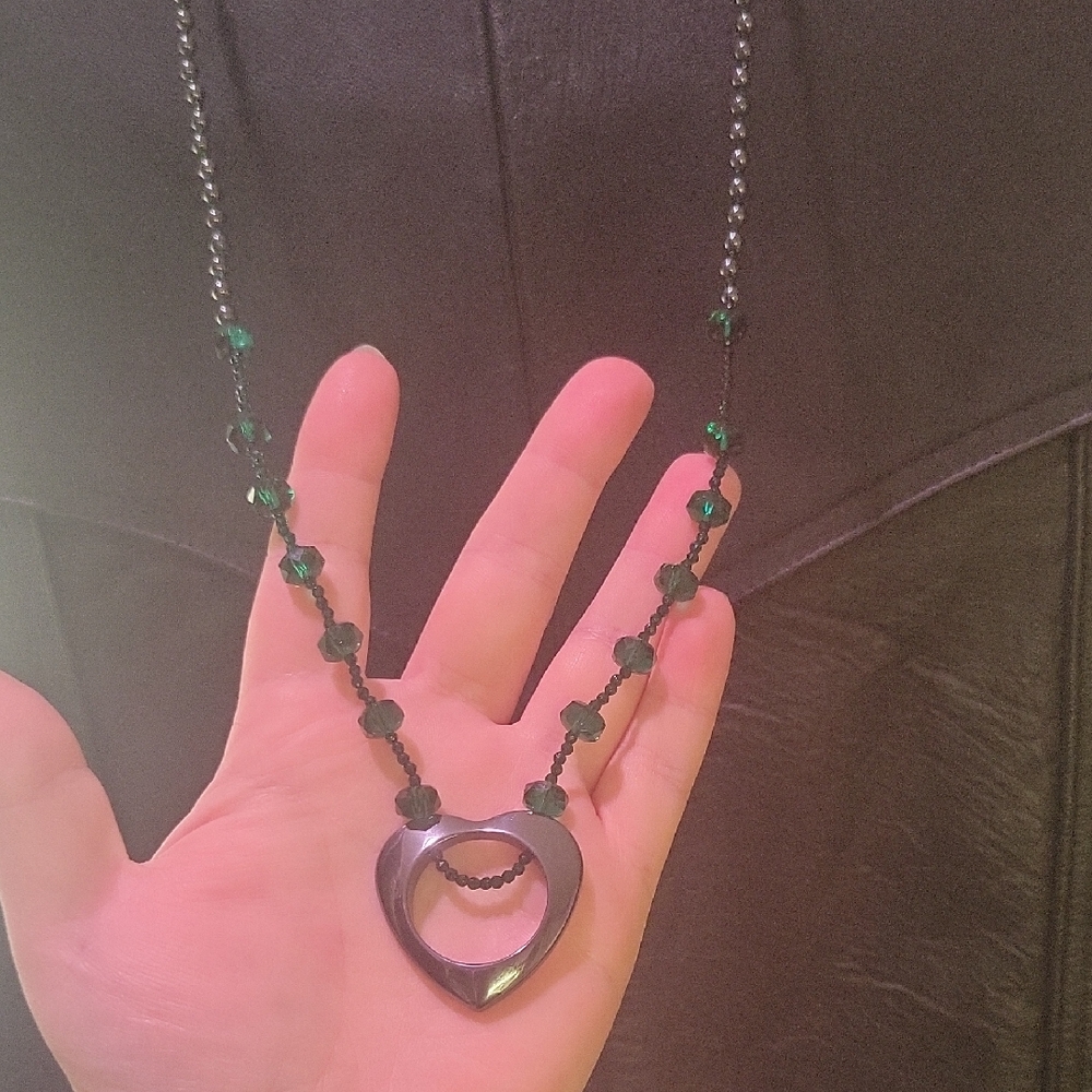 Faceted Emerald-Green Crystal & Hematite Beaded Heart Pendant Handmade Necklace